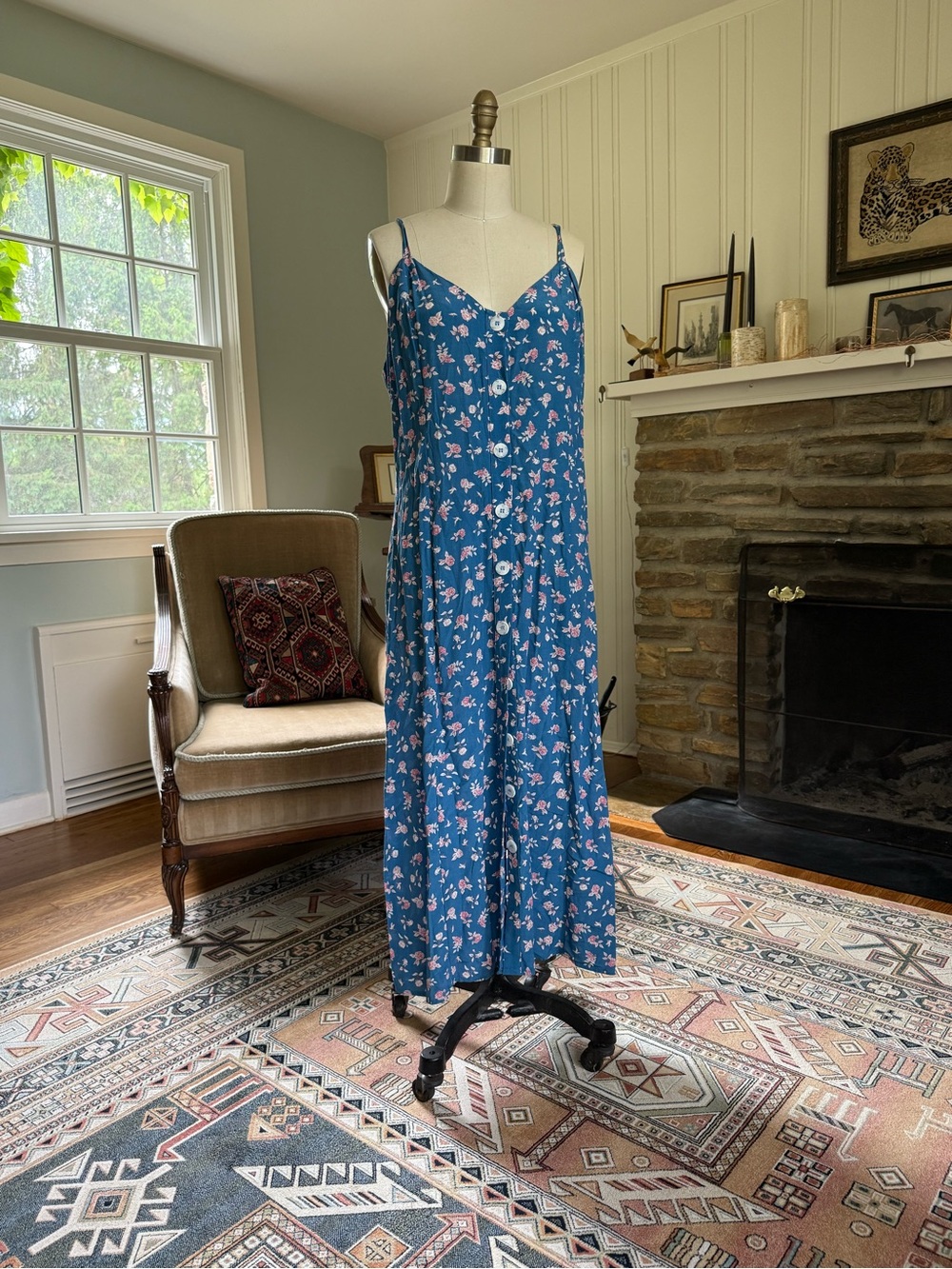 Sam & Lavi Teal Floral Midi Dress with Pink Roses